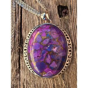 Vintage Sterling Silver Oval Purple Mojave 3 Strand Pendant Necklace 18"